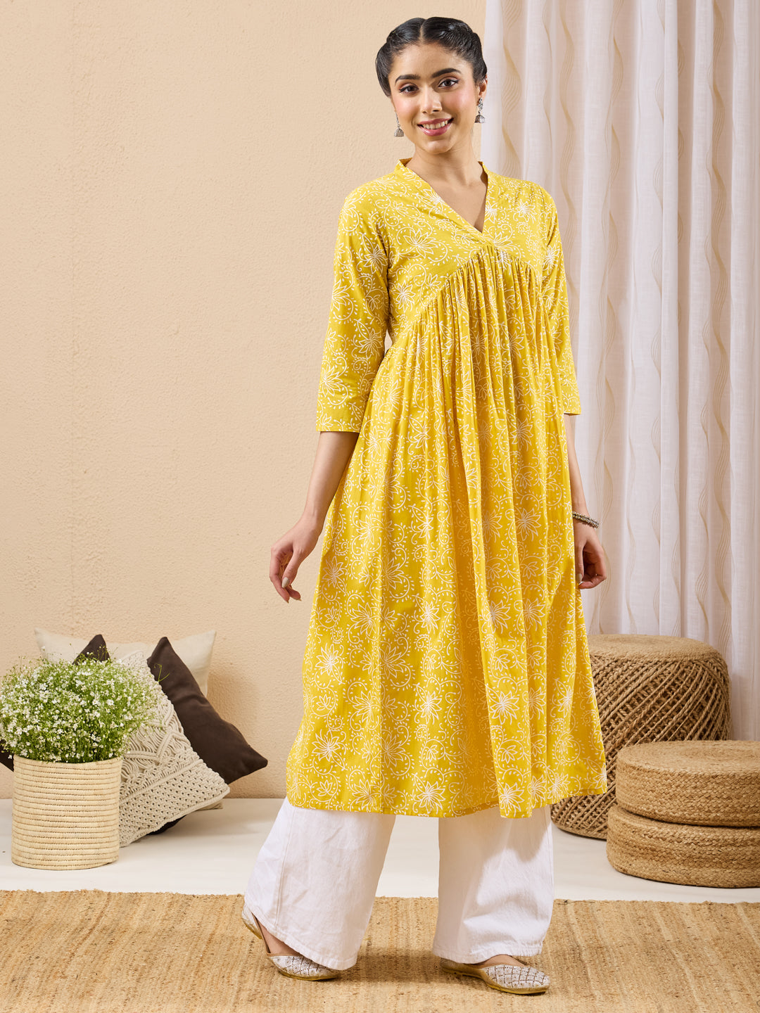 Janasya Yellow A-Line Cotton Kurta - Dista