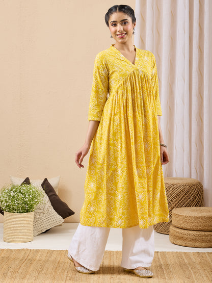 Janasya Yellow A-Line Cotton Kurta - Dista