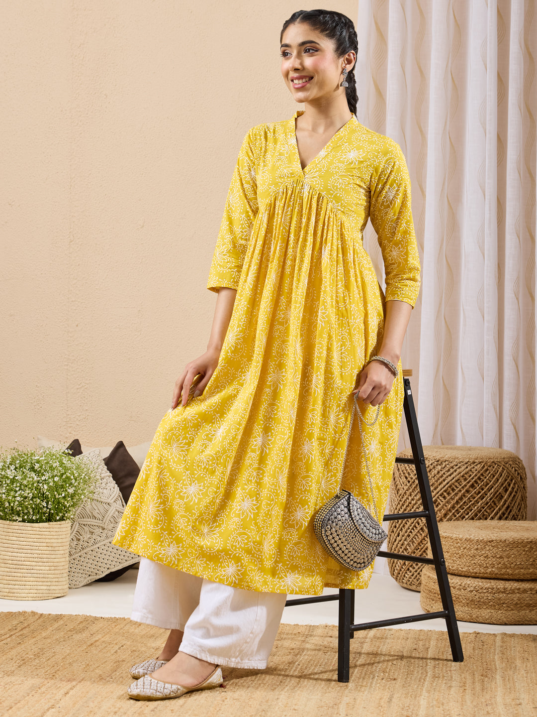 Janasya Yellow A-Line Cotton Kurta - Dista