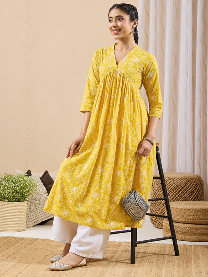 Janasya Yellow A-Line Cotton Kurta - Dista