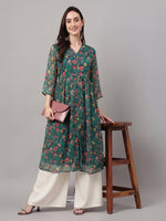 Thumbnail for Janasya Bottle Green A-Line Chiffon Lurex Kurta - Dista