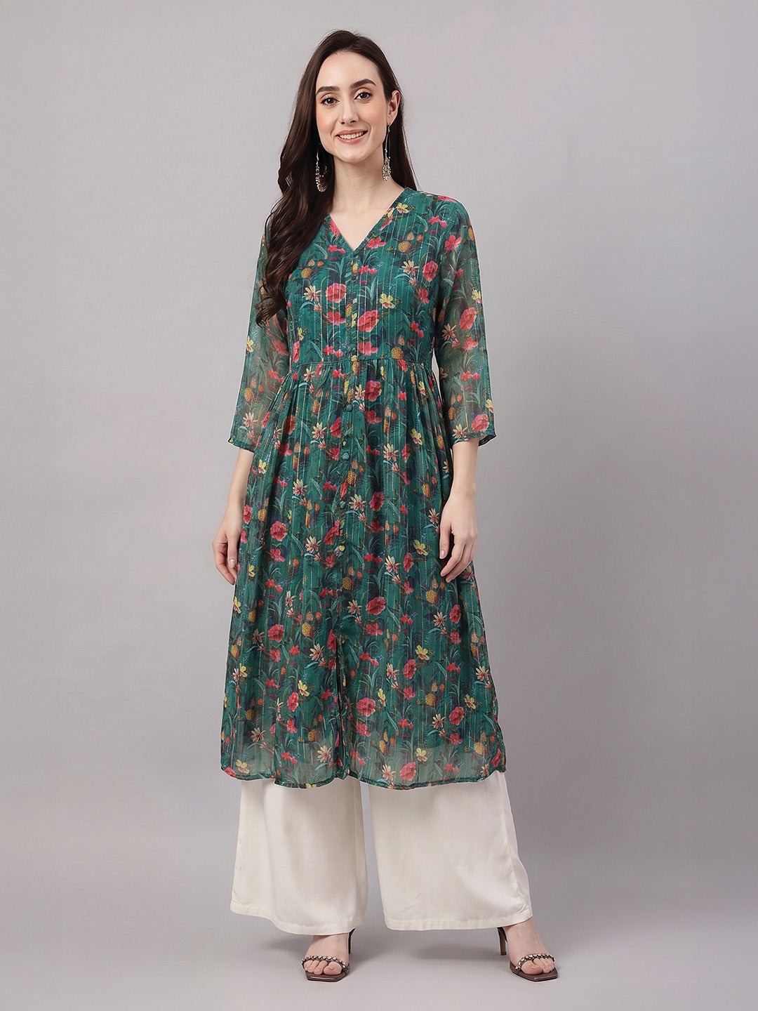 Janasya Bottle Green A-Line Chiffon Lurex Kurta - Dista