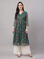 Thumbnail for Janasya Bottle Green A-Line Chiffon Lurex Kurta - Dista