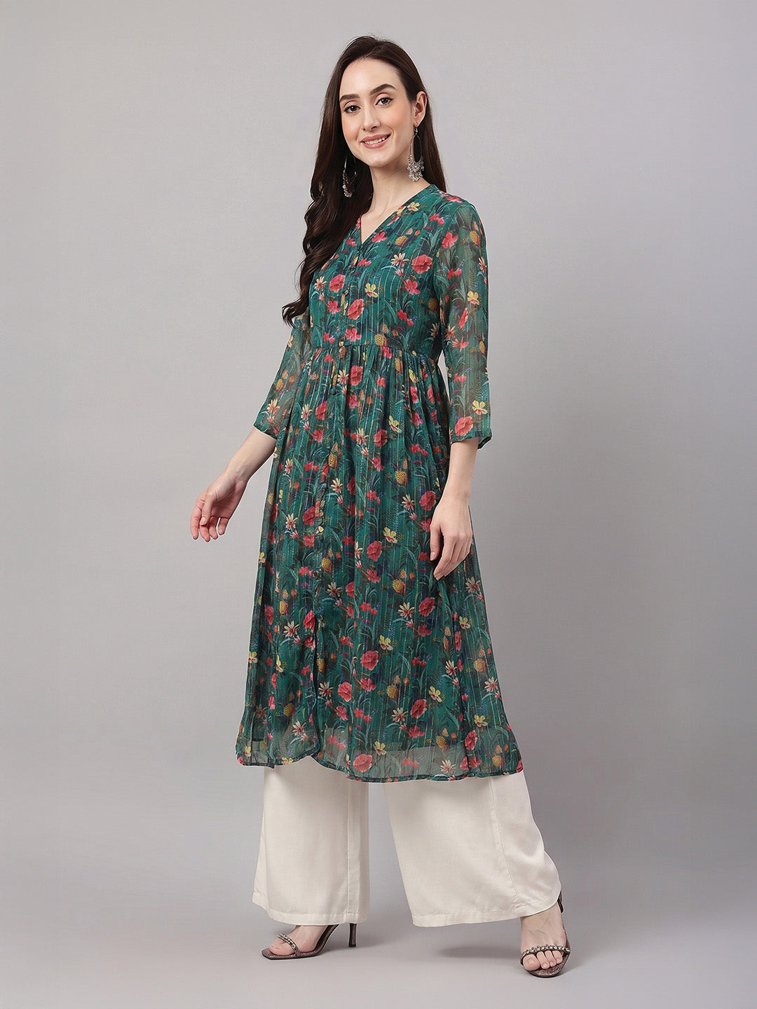 Janasya Bottle Green A-Line Chiffon Lurex Kurta - Dista