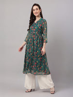 Thumbnail for Janasya Bottle Green A-Line Chiffon Lurex Kurta - Dista