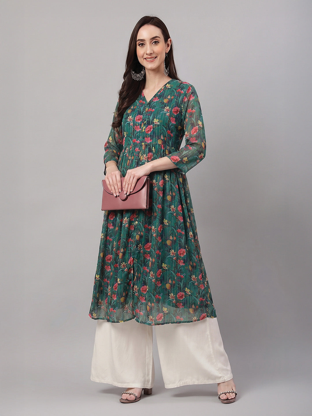 Janasya Bottle Green A-Line Chiffon Lurex Kurta