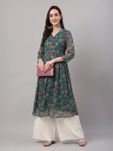 Janasya Bottle Green A-Line Chiffon Lurex Kurta - Dista