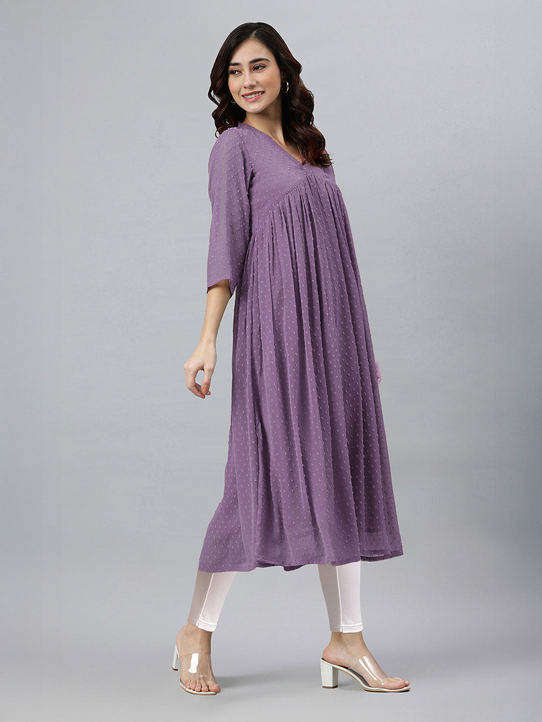 Janasya Lavender Flared Dobby Chiffon Kurta - Dista