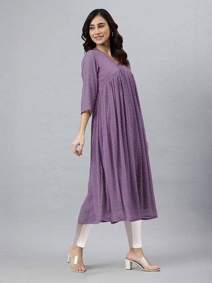 Janasya Lavender Flared Dobby Chiffon Kurta - Dista