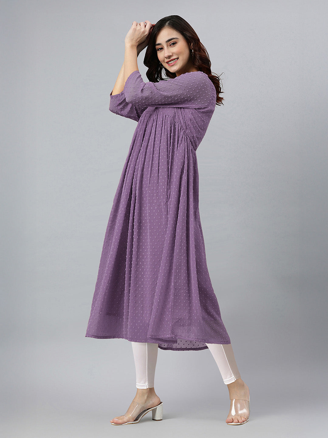 Janasya Lavender Flared Dobby Chiffon Kurta - Dista