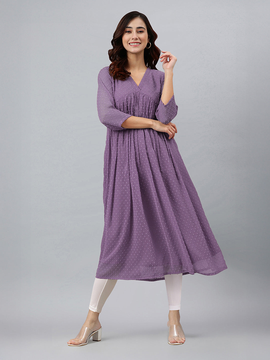 Janasya Lavender Flared Dobby Chiffon Kurta