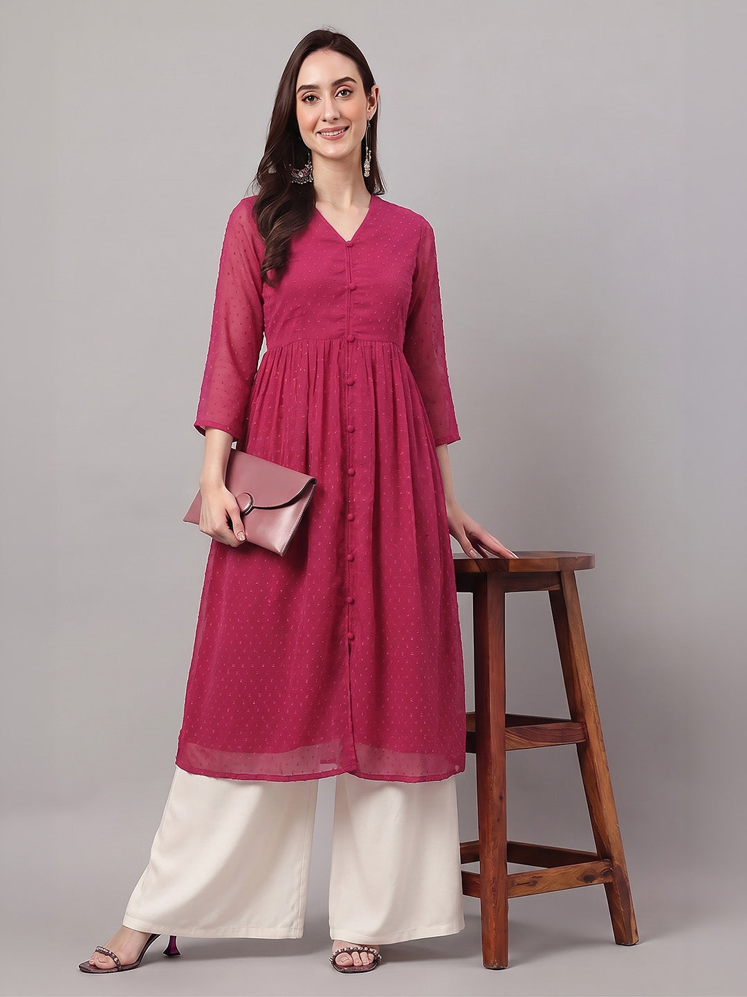 Janasya Pink A-Line Dobby Chiffon Kurta - Dista
