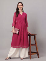 Thumbnail for Janasya Pink A-Line Dobby Chiffon Kurta - Dista