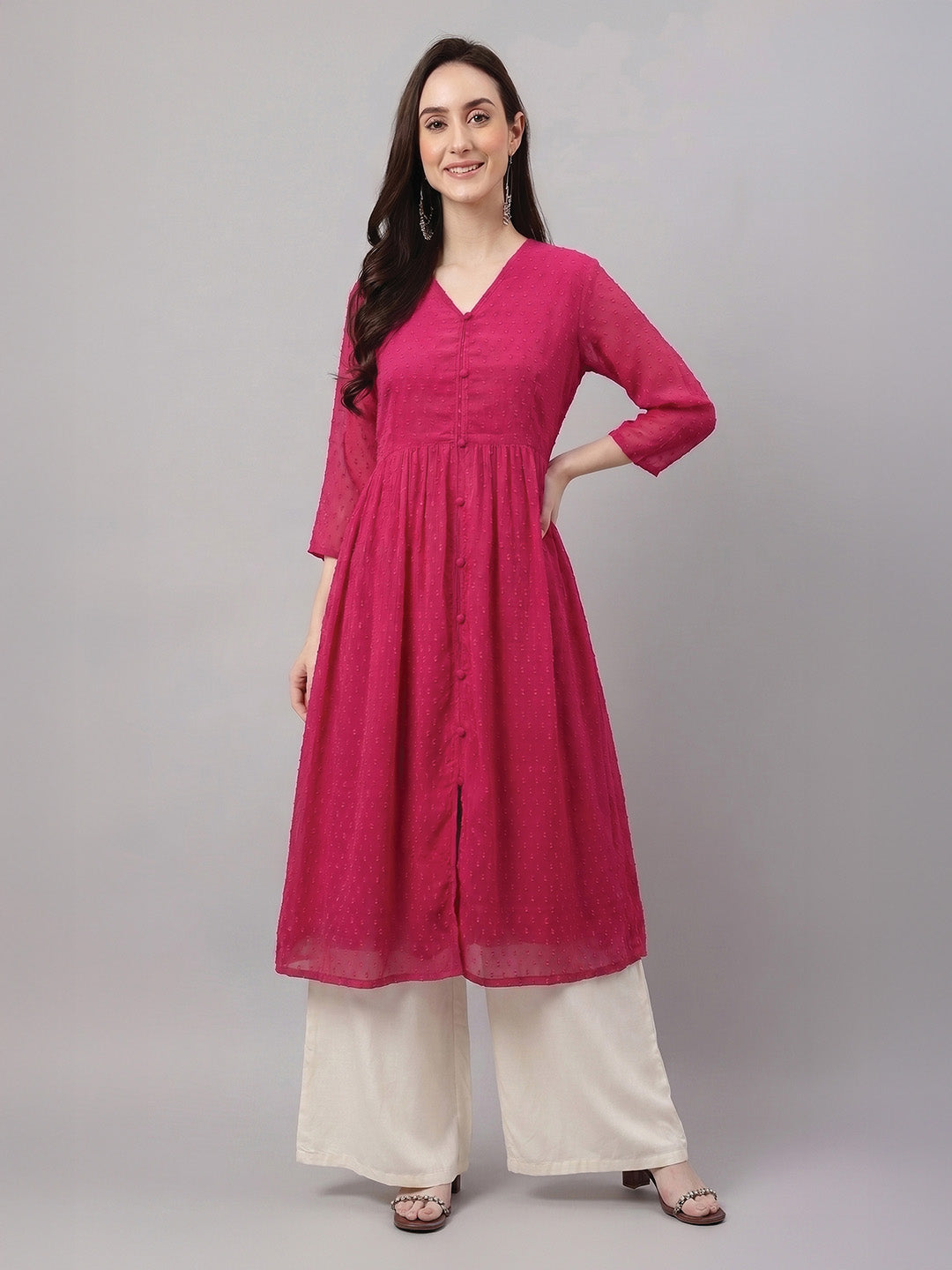 Janasya Pink A-Line Dobby Chiffon Kurta - Dista