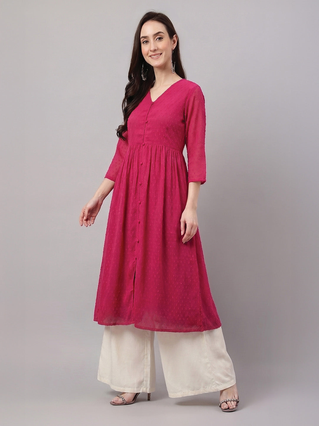 Janasya Pink A-Line Dobby Chiffon Kurta - Dista