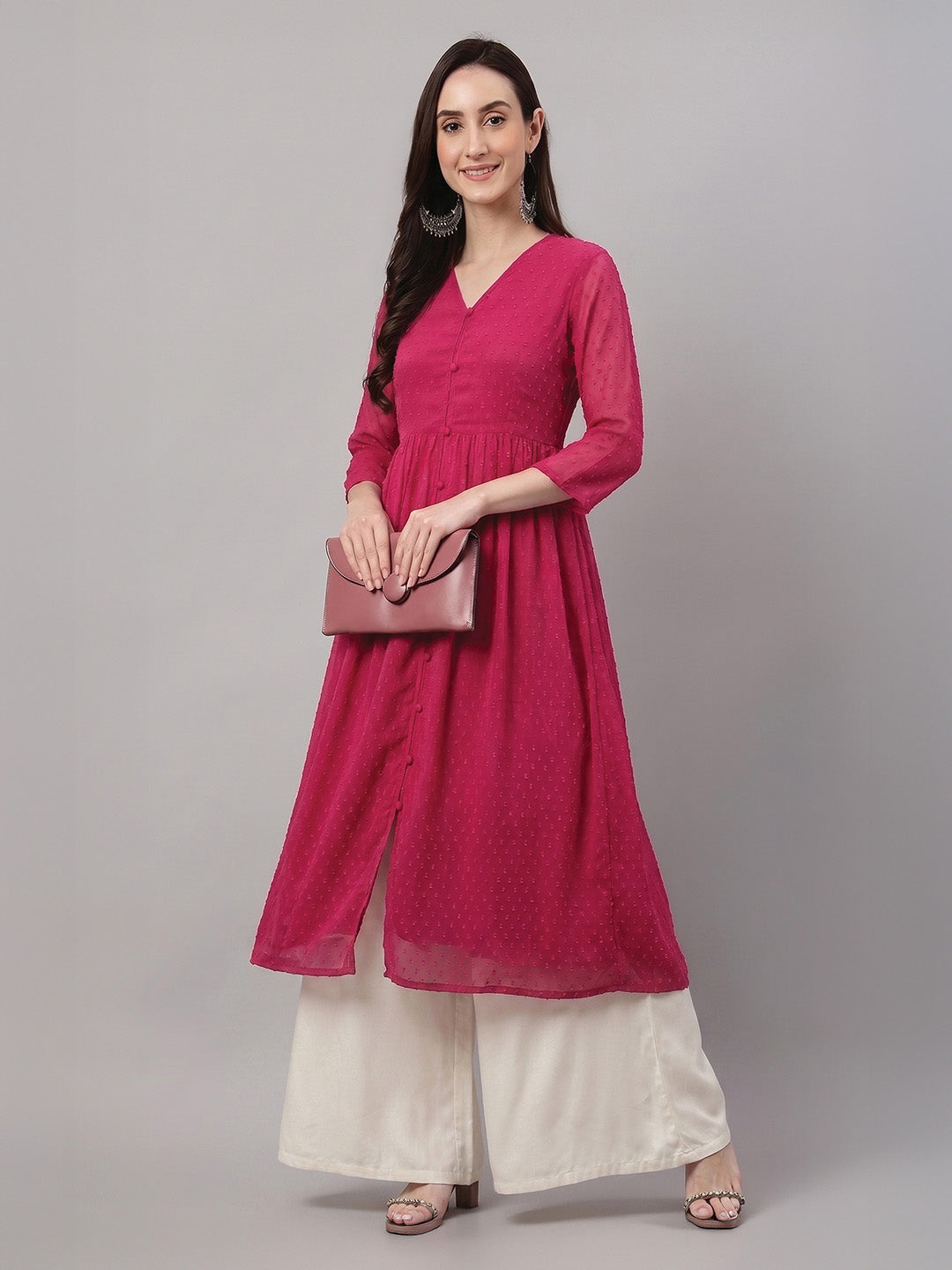 Janasya Pink A-Line Dobby Chiffon Kurta
