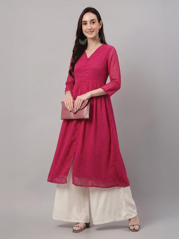 Janasya Pink A-Line Dobby Chiffon Kurta - Dista