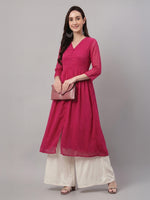 Thumbnail for Janasya Pink A-Line Dobby Chiffon Kurta - Dista