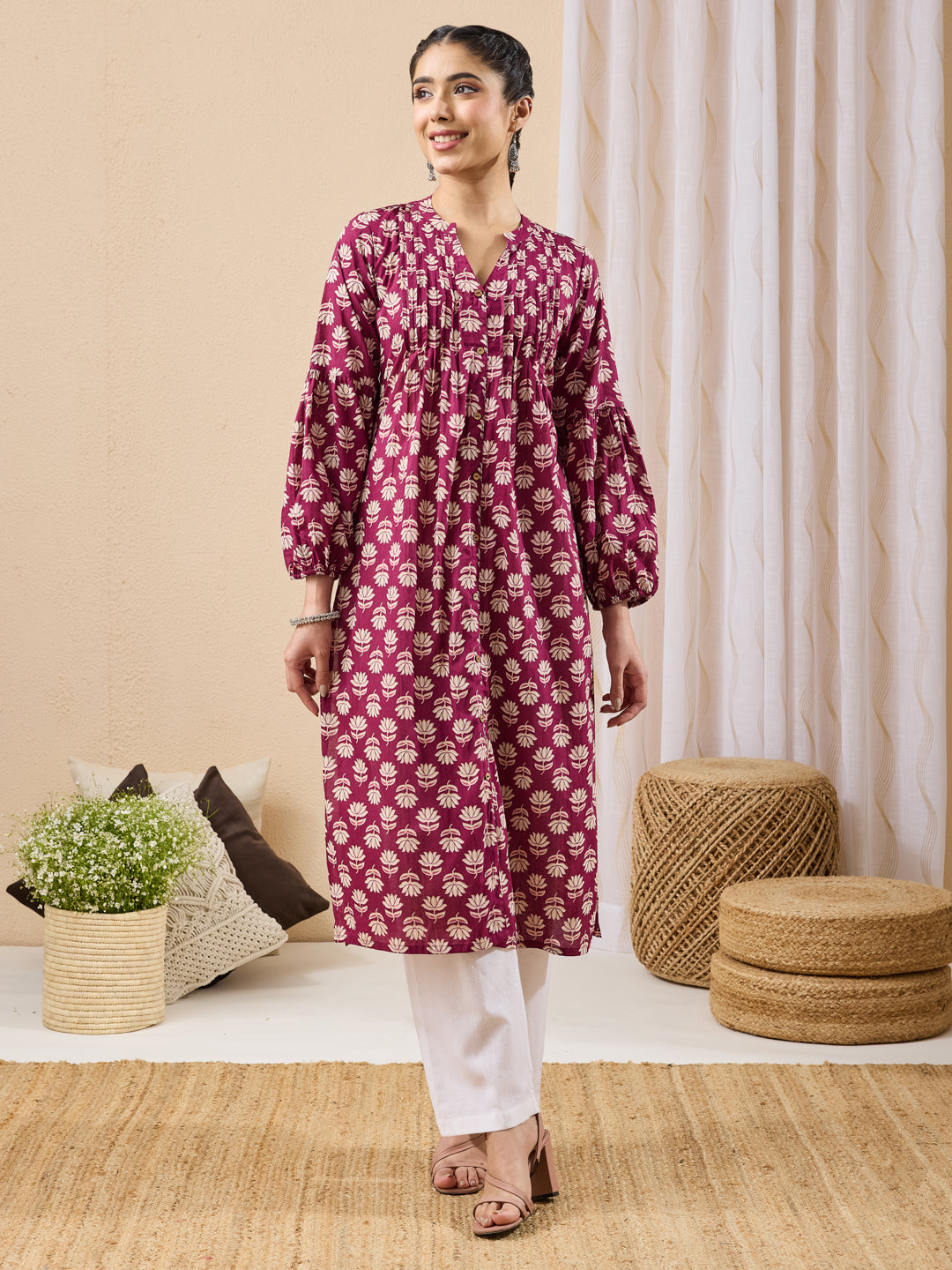 Janasya Purple Straight Cotton Kurta - Dista