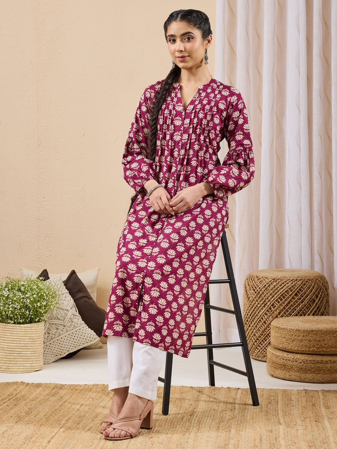 Janasya Purple Straight Cotton Kurta - Dista