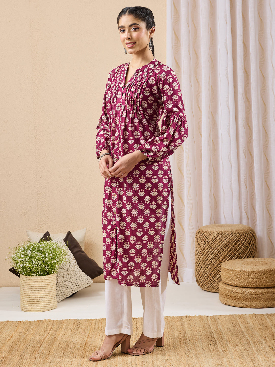 Janasya Purple Straight Cotton Kurta - Dista