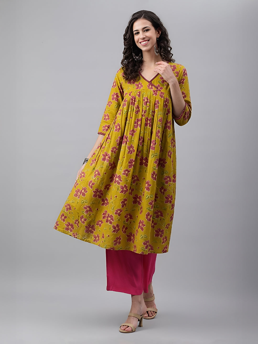 Janasya Mustard Gathered Cotton Kurta - Dista