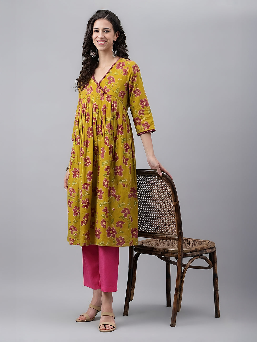 Janasya Mustard Gathered Cotton Kurta - Dista
