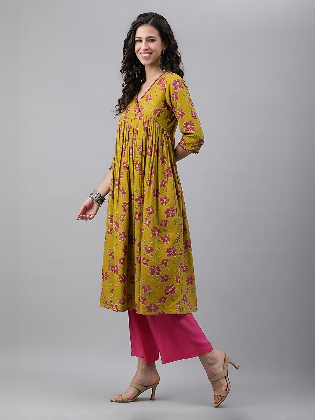 Janasya Mustard Gathered Cotton Kurta - Dista