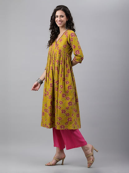 Janasya Mustard Gathered Cotton Kurta - Dista