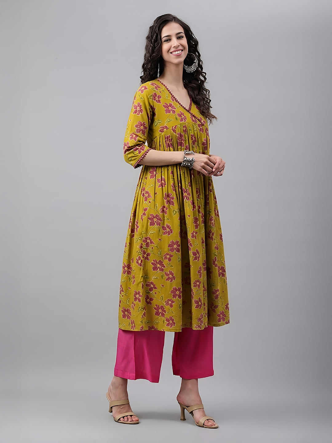 Janasya Mustard Gathered Cotton Kurta - Dista