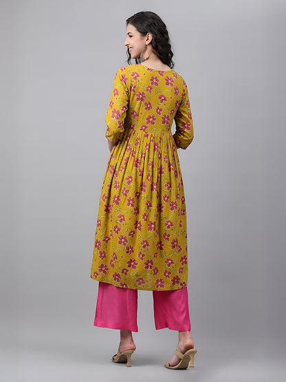 Janasya Mustard Gathered Cotton Kurta - Dista