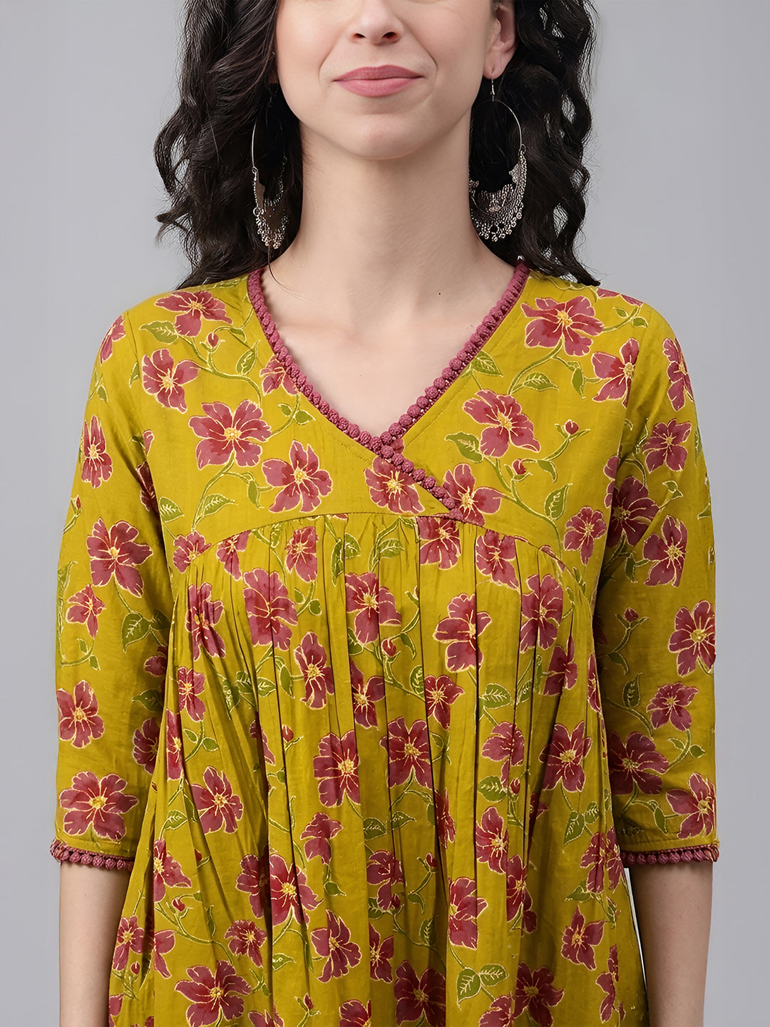 Janasya Mustard Gathered Cotton Kurta - Dista