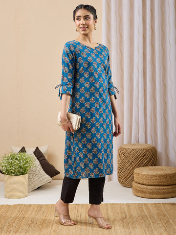 Janasya Navy Blue Straight Cotton Kurta - Dista