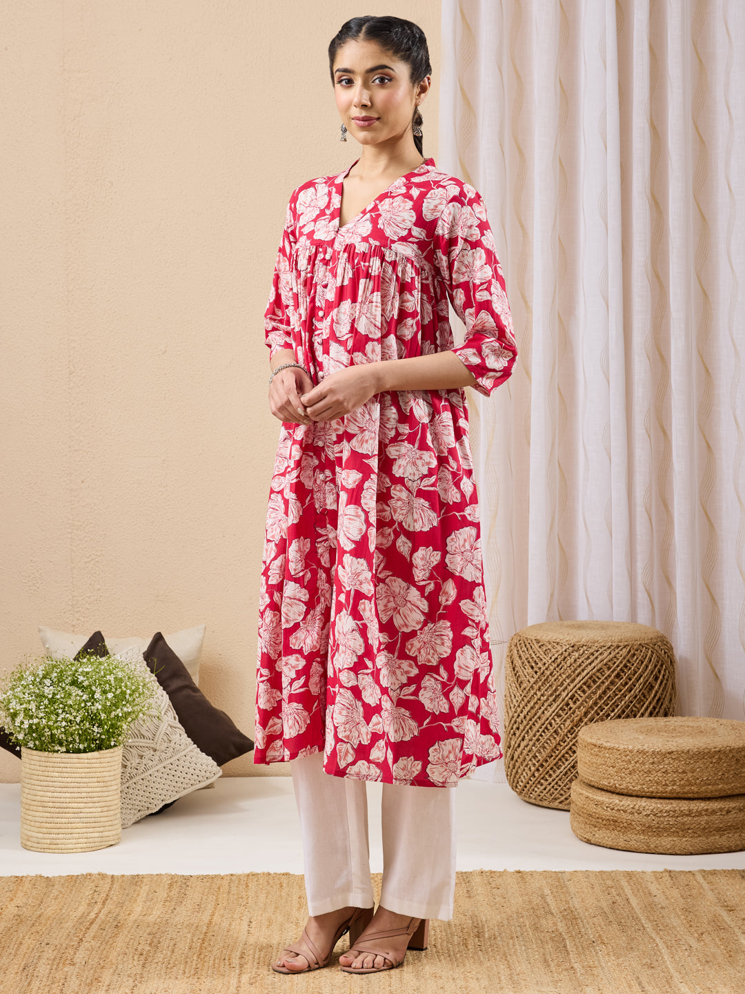 Janasya Pink A-Line Cotton Kurta - Dista