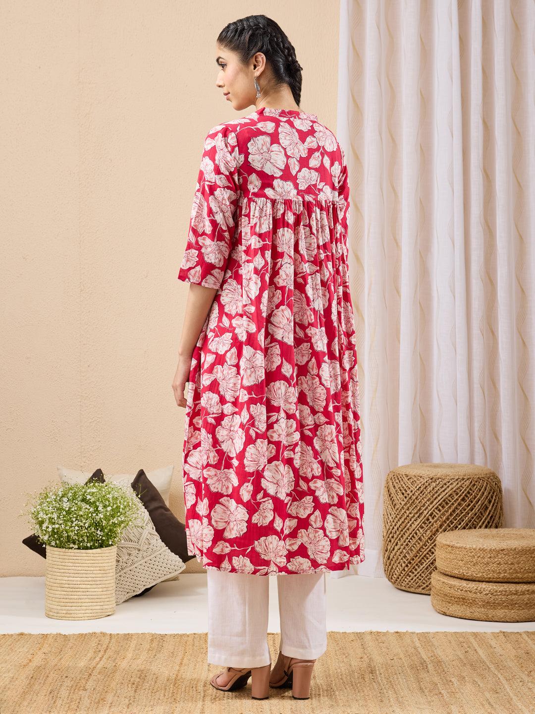 Janasya Pink A-Line Cotton Kurta - Dista