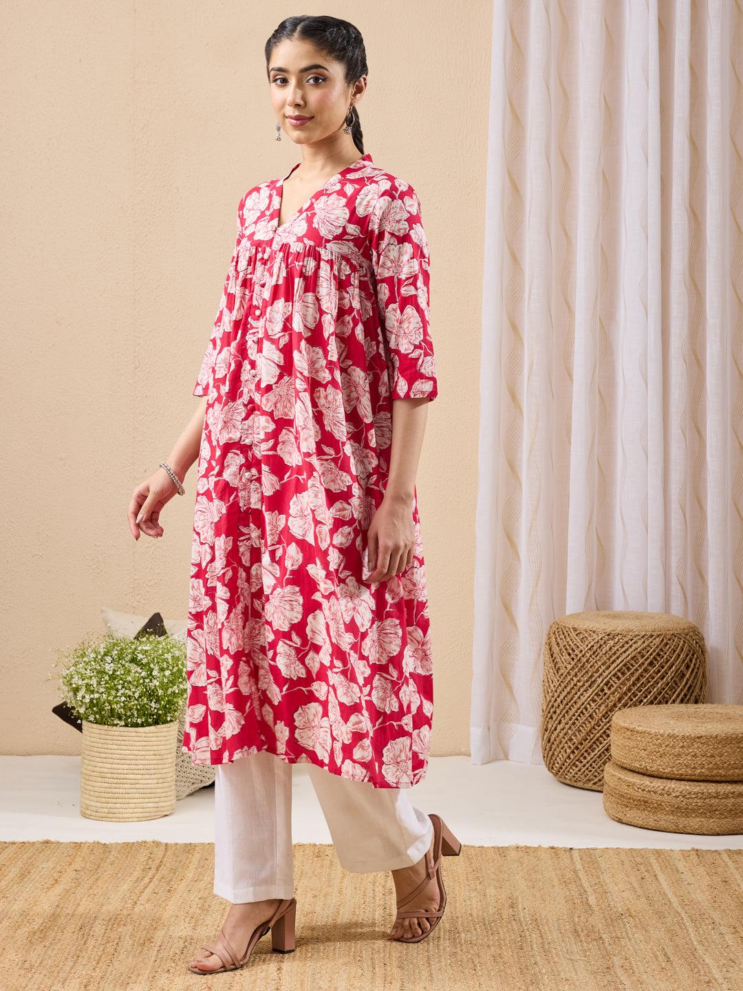 Janasya Pink A-Line Cotton Kurta - Dista