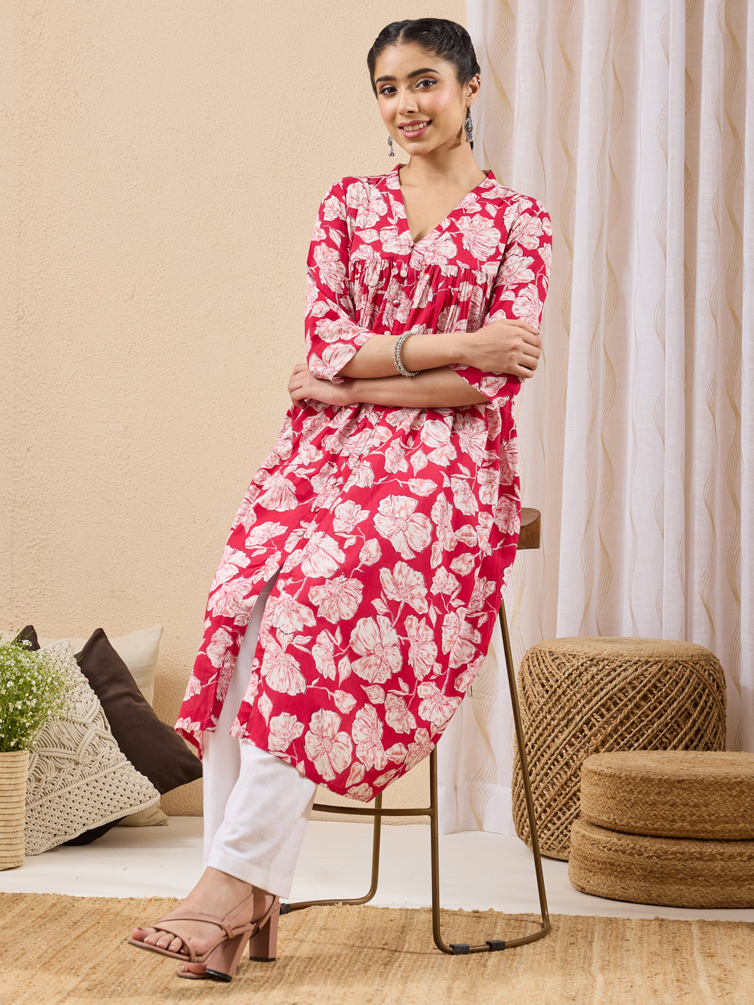 Janasya Pink A-Line Cotton Kurta - Dista