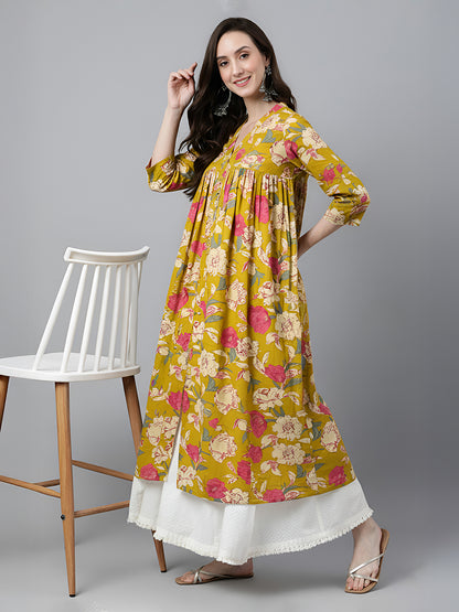 Janasya Mustard A-Line Cotton Kurta - Dista