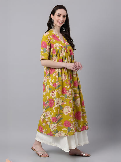 Janasya Mustard A-Line Cotton Kurta - Dista