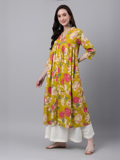 Janasya Mustard A-Line Cotton Kurta - Dista