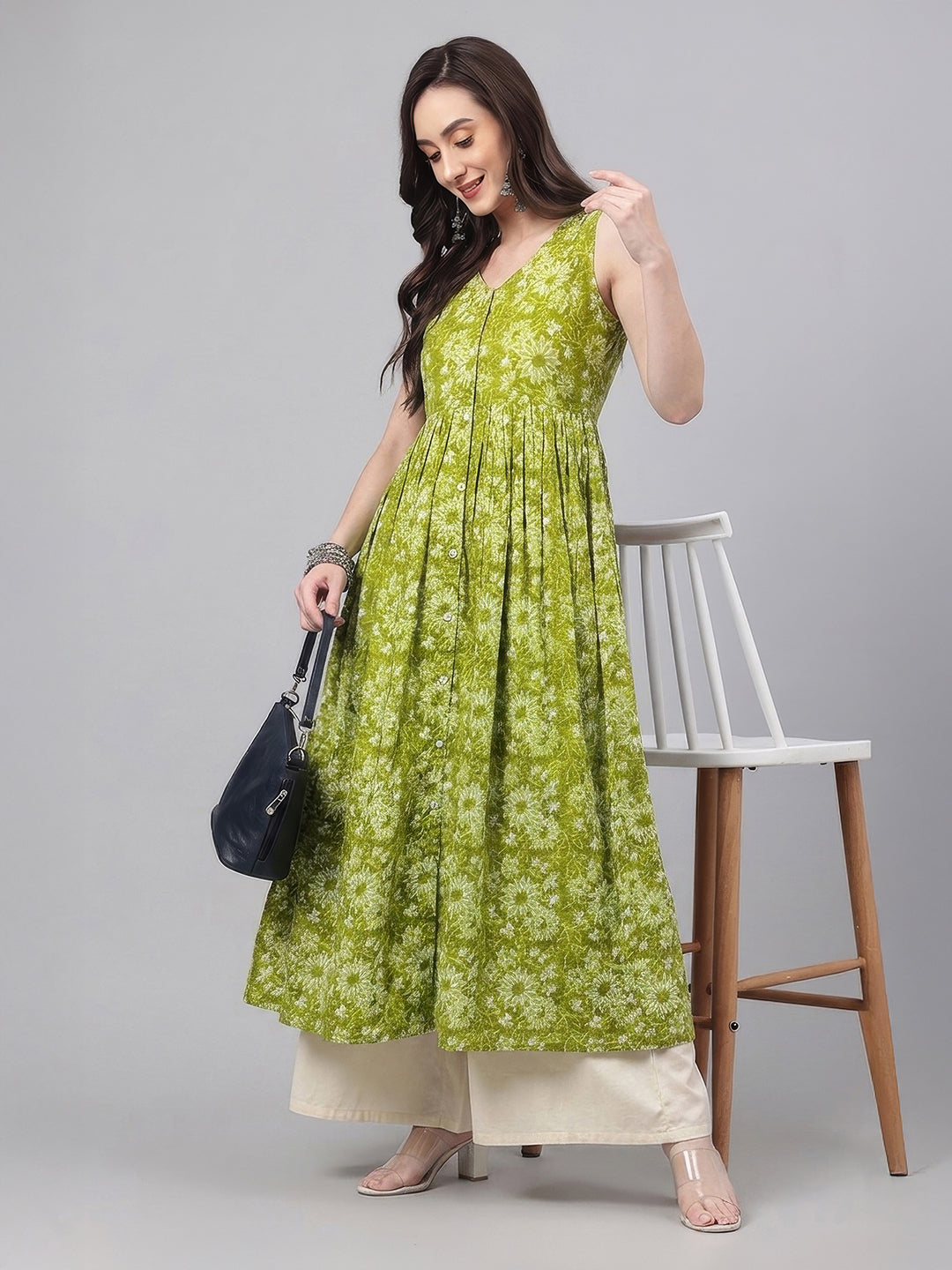 Janasya Olive A-Line Cotton Kurta - Dista