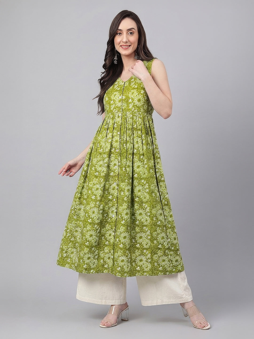 Janasya Olive A-Line Cotton Kurta - Dista