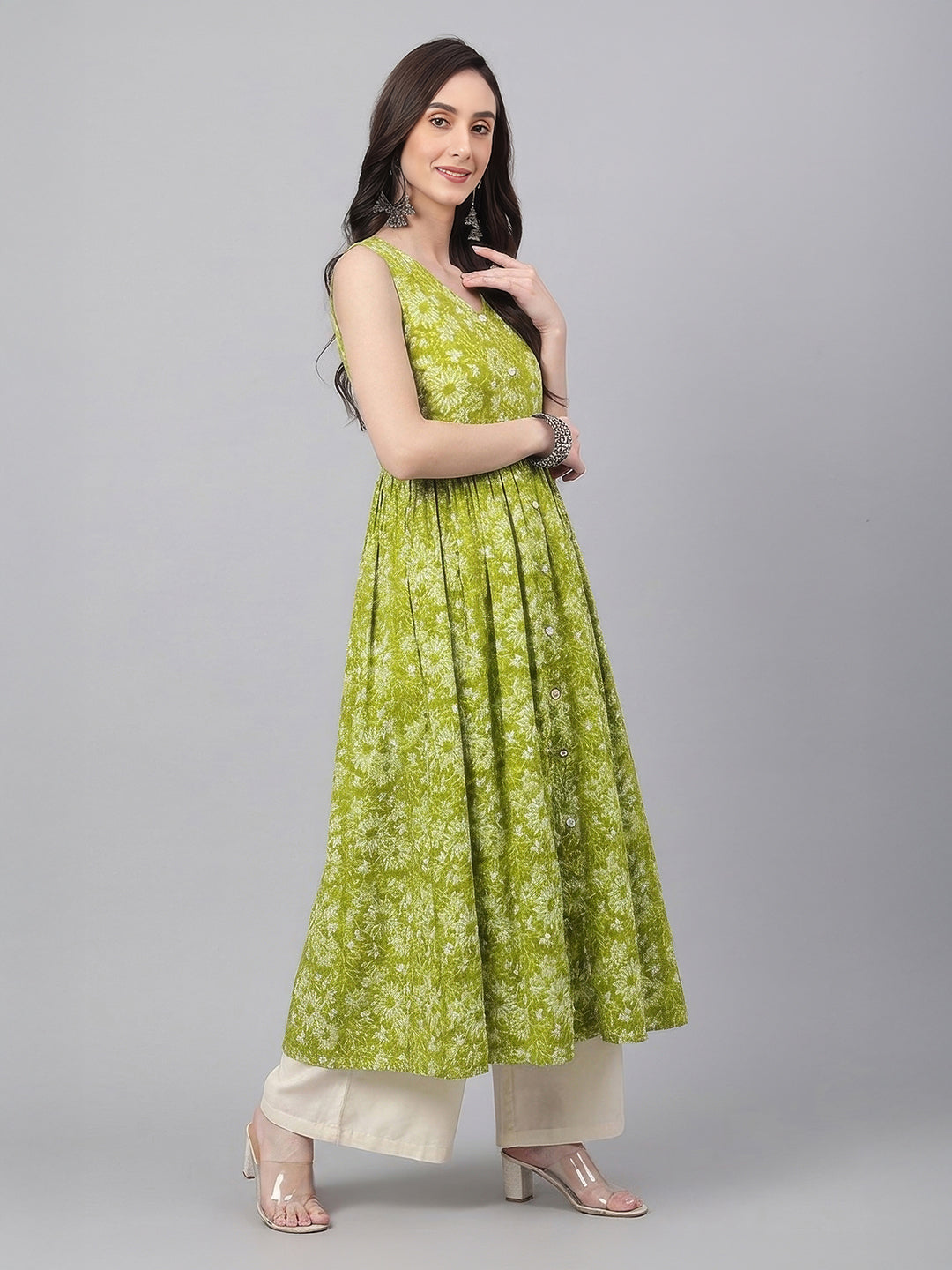 Janasya Olive A-Line Cotton Kurta - Dista