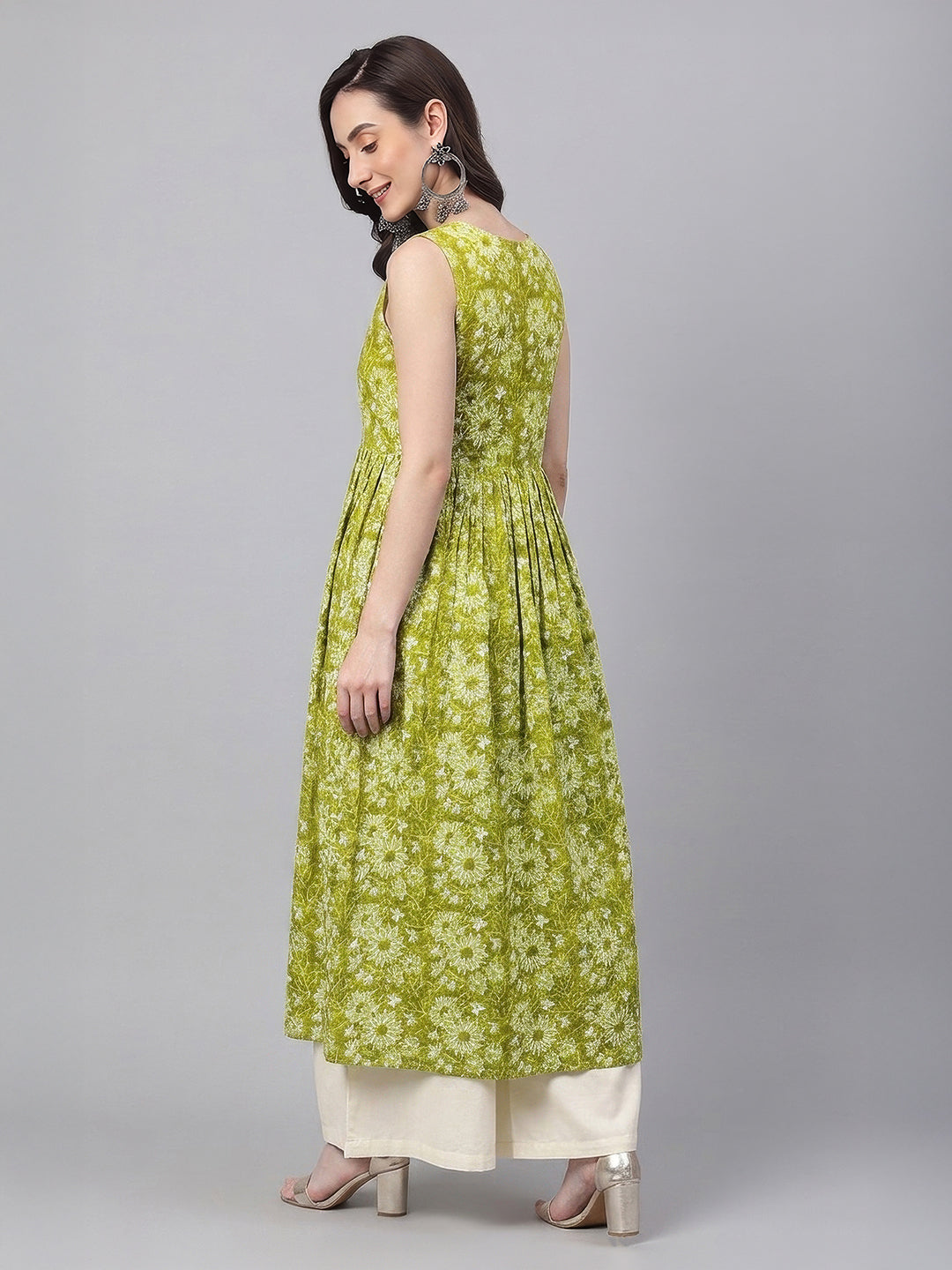 Janasya Olive A-Line Cotton Kurta - Dista
