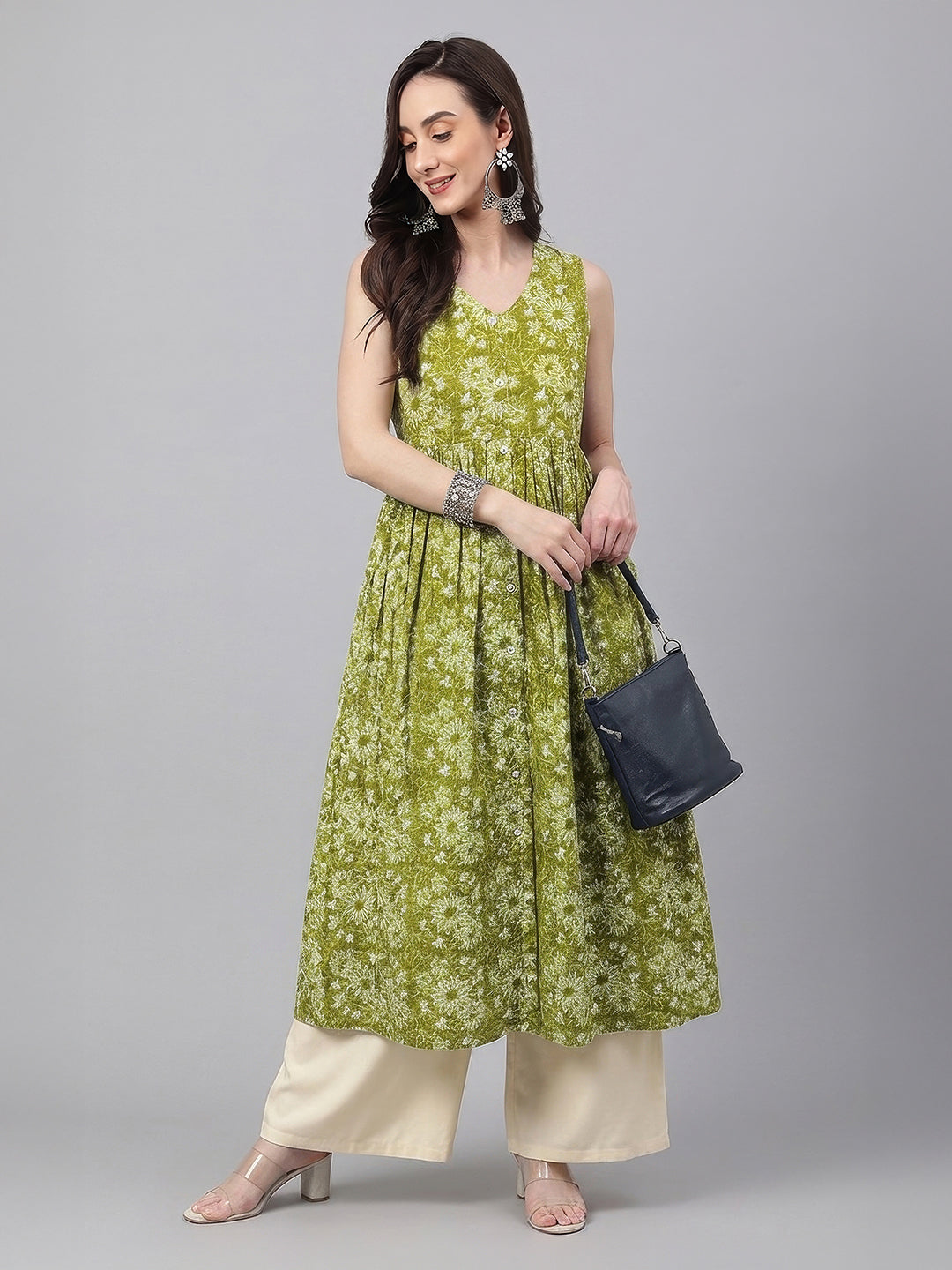 Janasya Olive A-Line Cotton Kurta - Dista