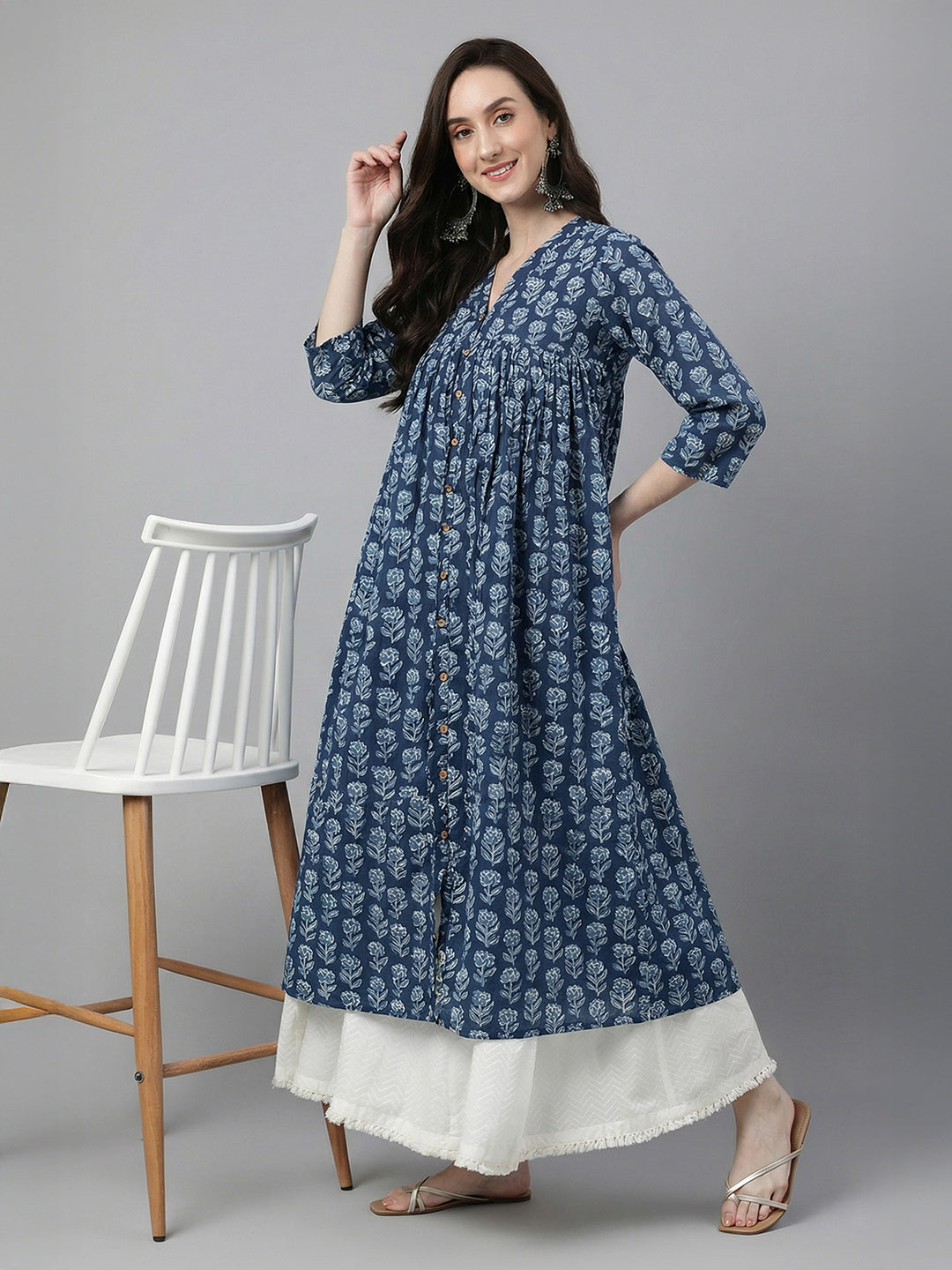Janasya Navy Blue A-Line Cotton Kurta - Dista
