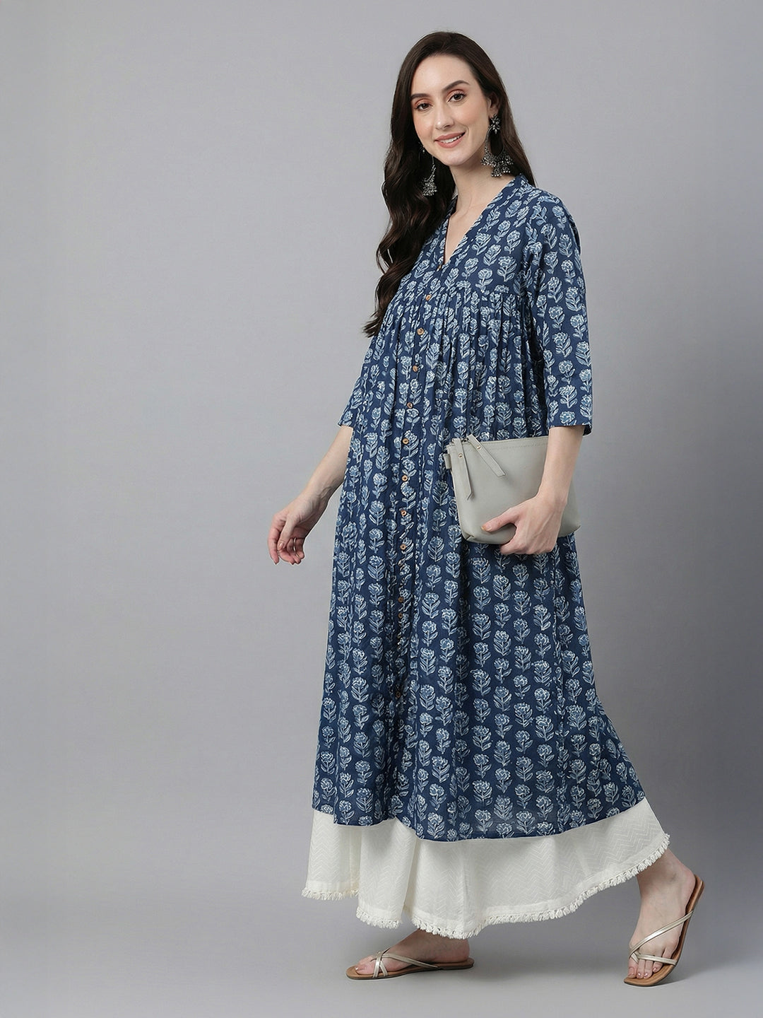 Janasya Navy Blue A-Line Cotton Kurta - Dista