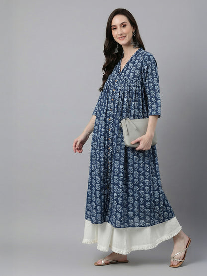 Janasya Navy Blue A-Line Cotton Kurta - Dista