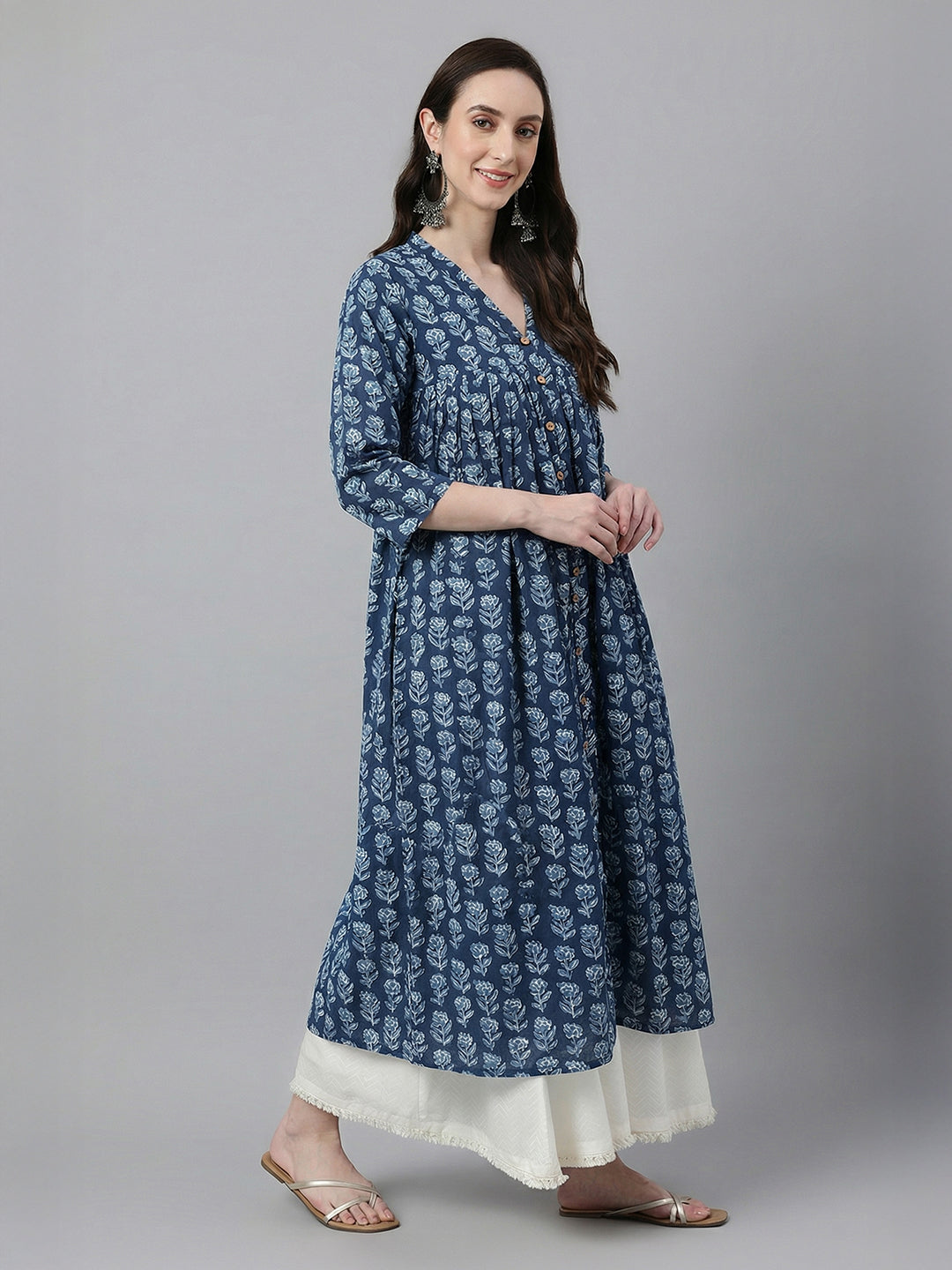 Janasya Navy Blue A-Line Cotton Kurta - Dista
