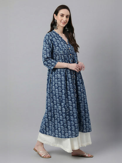 Janasya Navy Blue A-Line Cotton Kurta - Dista